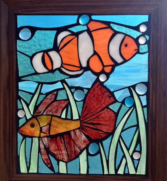 Tropical Fish Stained Glass Mosaic Panel for Window, Colorful