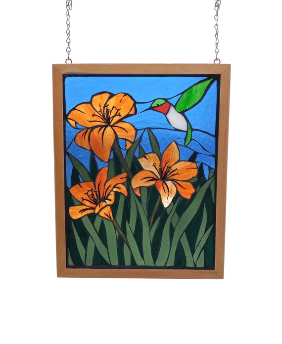 Hummingbird with Orange Lilies Stained Glass Mosaic Panel for Hanging in Window, Bird with flowers Artwork