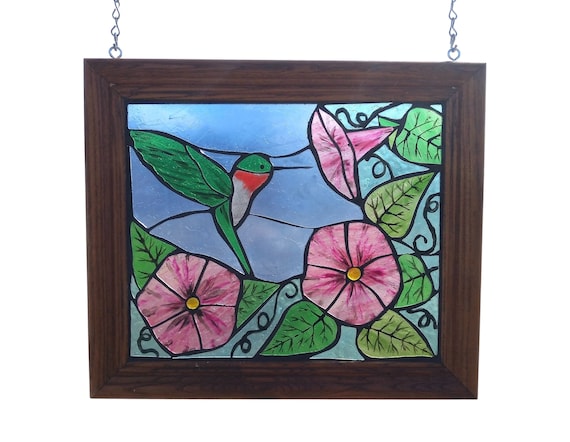 Ruby Throated Hummingbird Stained Glass Mosaic Panel for Hanging in Window, Pink Morning Glory Flowers with Bird Suncatcher