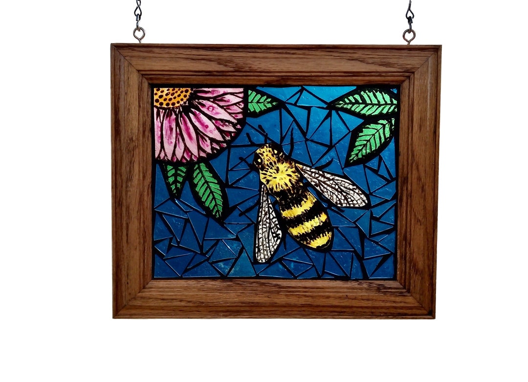 Honey Bee Stained Glass Mosaic Panel for Hanging in Window, Honeybee