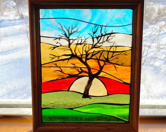 Autumn Forest Path Stained Glass Mosaic: Artwork for Hanging in