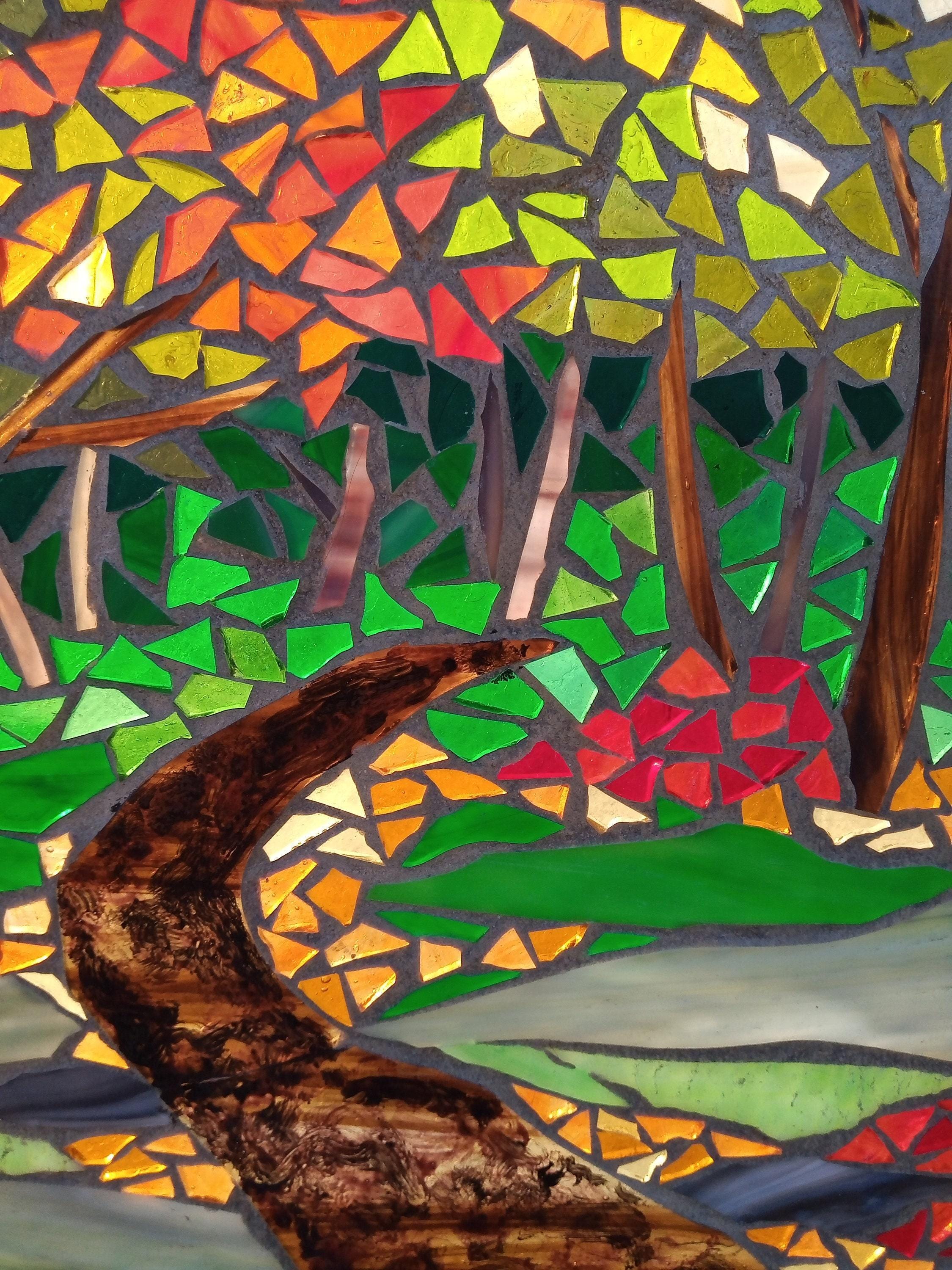 Autumn Forest Path Stained Glass Mosaic: Artwork for Hanging in