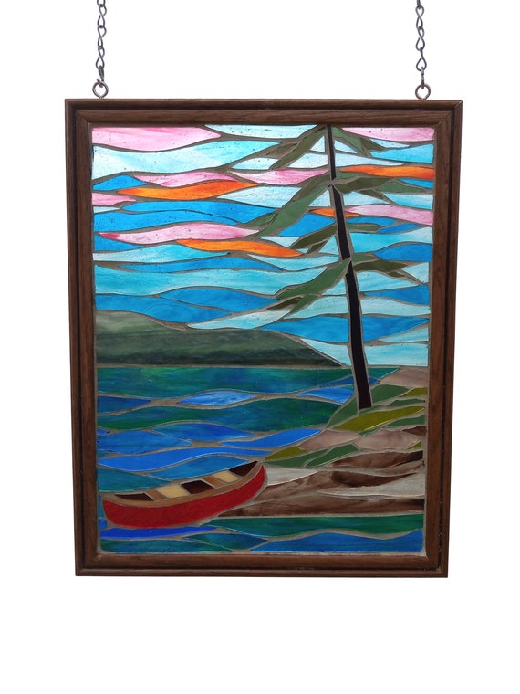 Canoe by a Lake Stained Glass Mosaic Hybrid Panel for Hanging in a Window, Rugged Canadian Landscape