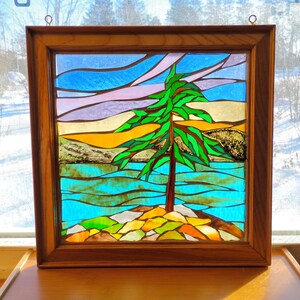 Jack Pine Stained Glass Mosaic: Artwork for Hanging in a Window, 13 1/4" x 13 1/2"