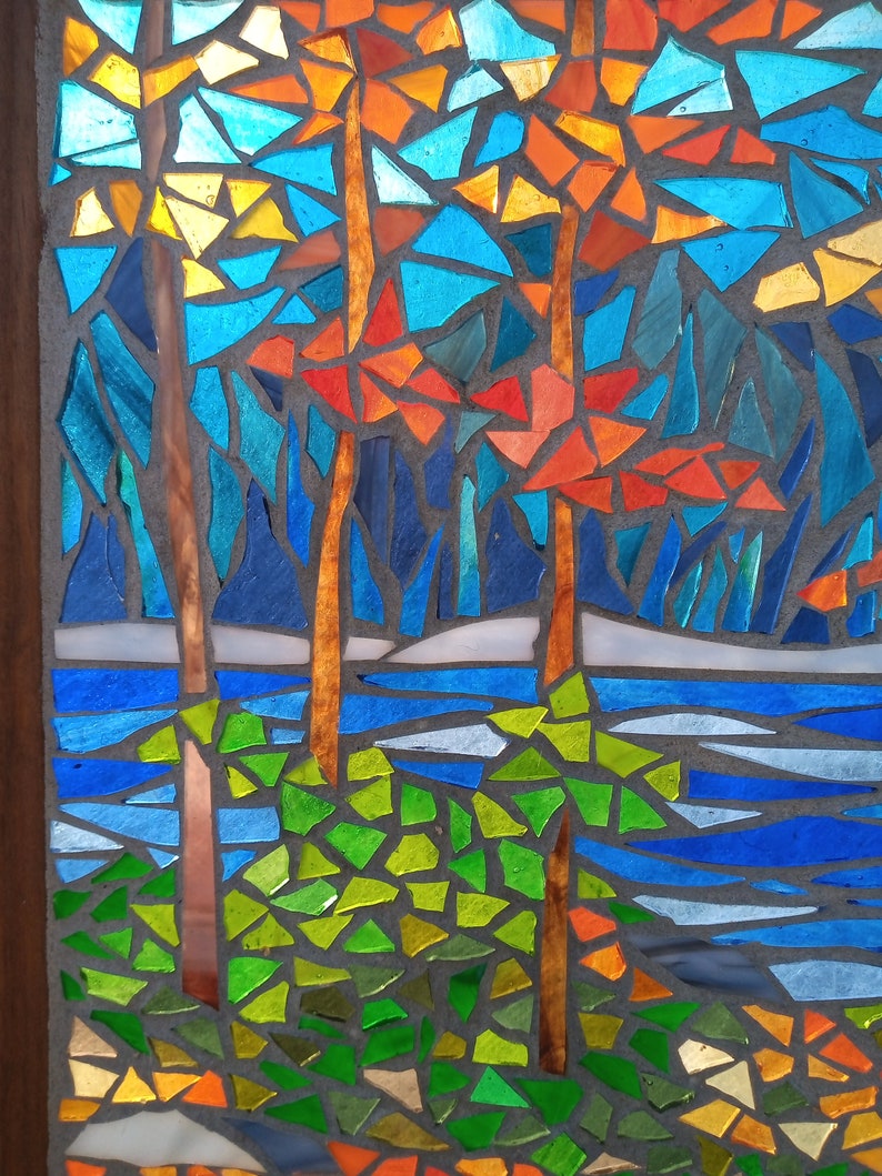 Stained Glass Mosaic Panel Autumn Landscape by River, Artwork for Hanging in a Window, Woodland Trees with Colourful Foliage image 5