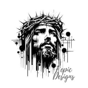 Op de afbeelding: Zwart-witte illustratie van een mannengezicht met een doornenkroon. De afbeelding is gestileerd met een grunge-effect en de tekst "Epic Designs" is zichtbaar in de rechterbenedenhoek.