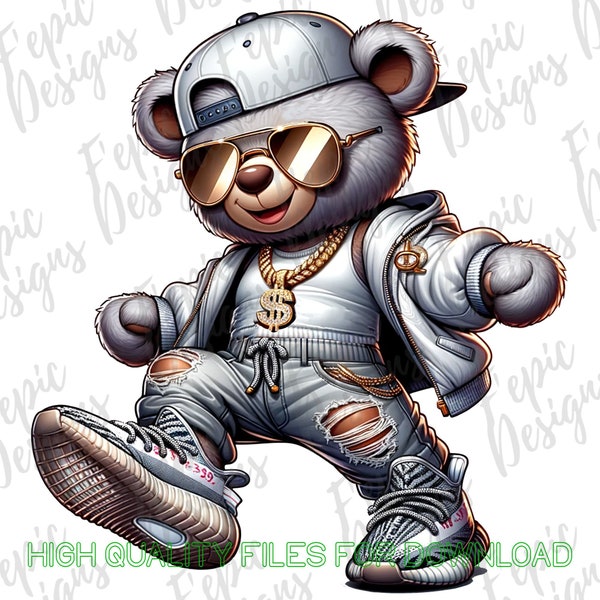 Hip Hop Teddy Bear Graffiti Cartoon - Digital Download PNG, JPEG - Grey and White - Trendy Fit -  Ideal for T-Shirts Hoodies and More