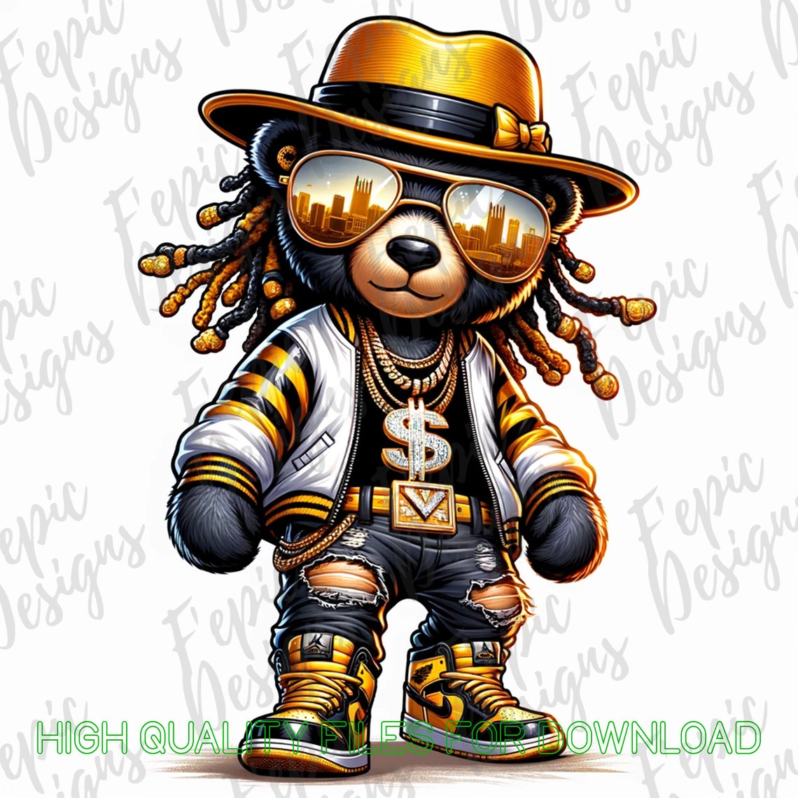 Hip Hop Teddy Bear Cartoon Digital Download PNG, JPEG Black Yellow O G ...