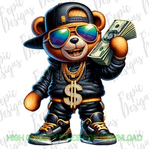 Money Talk hiphop teddybeer graffiti cartoon - digitale download png, jpeg - geldteddysublimatie voor T-shirts, hoodies en meer