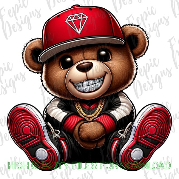 Graffiti Red Black White Hip Hop Teddy Bear, Cartoon Teddy Bear, descarga digital, ¡la mejor sublimación para camisetas y más! Oso de peluche rapero