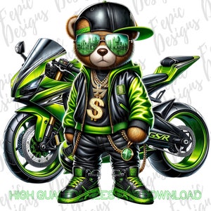 Hip Hop Biker Racer Graffiti Bear Cartoon- Digital Download PNG, JPEG - Lime Green Biker Motorcycle Theme -Ideal for T-Shirts and More