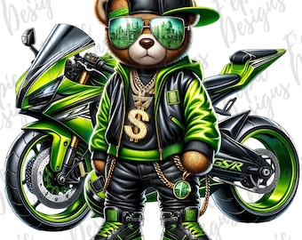 Oso de dibujos animados estilo hip hop con grafiti y motociclista - Descarga digital PNG, JPEG - Tema de motociclista verde lima - Ideal para camisetas y más