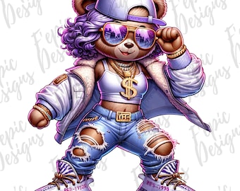 May include: A cartoon teddy bear wearing a white jacket, blue jeans, a purple hat, and sunglasses. The bear has purple hair and is holding a gold chain with a dollar sign pendant.