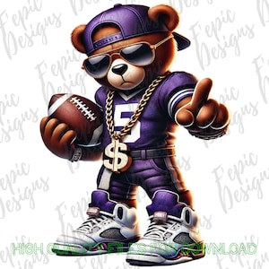 Hip Hop Football Graffiti Bear Cartoon- Digital Download PNG, JPEG - Football Bear Theme -Ideal for T-Shirts and More - Purple Playa