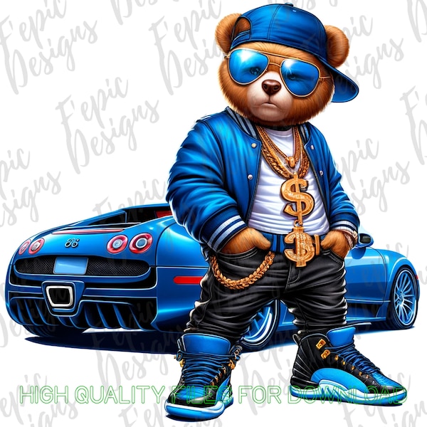 Graffiti Blue Luxury Car Hip Hop Teddy Bear, Trendy Teddy Bear, digital download, Sublimation best for Tees and More! Rapper Teddy Bear