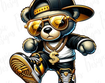 Hip Hop Teddy Bear Graffiti Art – Black & Yellow PNG, JPEG (Digital Download)
