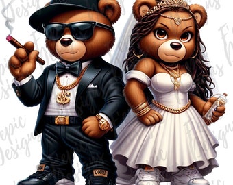 Hip Hop Bride and Groom Teddy Bears - Digital Download PNG, JPEG - Graffiti Cartoon- Sublimation for Tees, Hoodies, and More, wedding