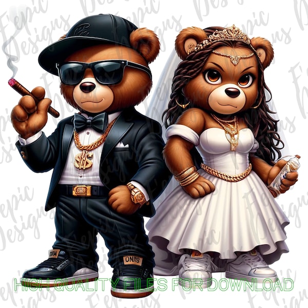 Hip Hop Bride and Groom Teddy Bears - Digital Download PNG, JPEG - Graffiti Cartoon- Sublimation for Tees, Hoodies, and More, wedding