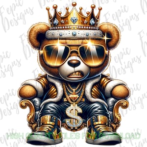 Op de afbeelding: Een cartoon teddybeer die een gouden kroon, een zonnebril en een gouden ketting met een diamanten hanger draagt. De beer zit op een gouden troon met een dollarteken op de voorkant.