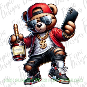 Hip Hop Graffiti Bear Cartoon- Digital Download PNG, JPEG - Celebrate Red and Black Theme -Ideal for T-Shirts Hoodies and More