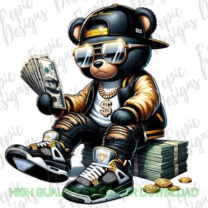 Hiphop teddy geldbeer graffiti cartoon - digitale download png, jpeg - zwart en geel - trendy pasvorm - ideaal voor T-shirts, hoodies en meer