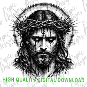 May include: Black and white illustration of a man with long hair, a beard, and a crown of thorns. The image has a halo and the text "HIGH QUALITY DIGITAL DOWNLOAD" in green.
