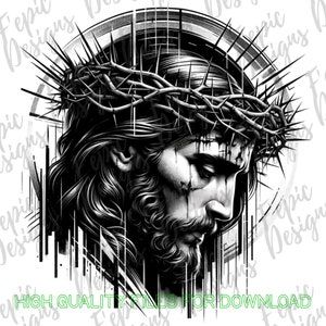 Op de afbeelding: Zwart-witte illustratie van Jezus Christus met een doornenkroon. De afbeelding is gestileerd met een geometrische achtergrond.