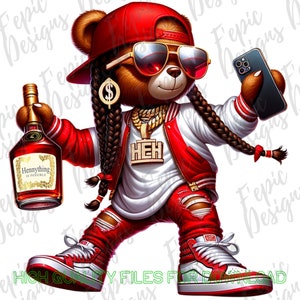 Hip Hop Celebrate Female Teddy Bear Graffiti Cartoon - Digital Download PNG, JPEG - Red - Trendy Fit -  Ideal for T-Shirts and More