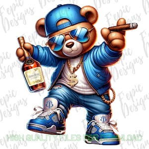 Hip Hop Celebrate Teddy Bear Graffiti Cartoon - Digital Download PNG, JPEG - Blue - Trendy Fit -  Ideal for T-Shirts and More
