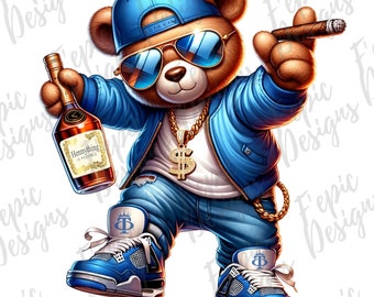 May include: A cartoon teddy bear wearing a blue jacket, sunglasses, a gold chain with a dollar sign pendant, and a blue baseball cap. The bear is holding a bottle of Hennessy cognac in one hand and a cigar in the other. The bear is wearing blue jeans and blue and white sneakers with a crown logo.