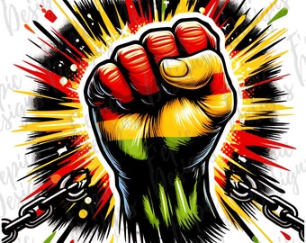 May include: A digital illustration of a clenched fist with the colors of the Pan-African flag. The fist is surrounded by yellow, red, and black bursts, with chains on either side. Text at the bottom reads "HIGH QUALITY FILES FOR DOWNLOAD."
