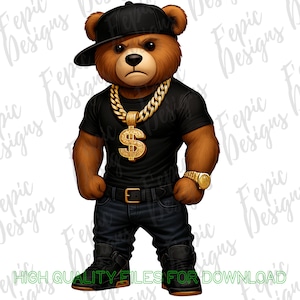 Graffiti Hip Hop Teddy Bear, Trendy Fit Teddy Bear, digital download, Sublimation best for Tees and More! Rapper Teddy Bear, Black Fit
