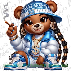 Hiphop vrouwelijk rapperfeest teddybeer graffiti cartoon - digitale download png, jpeg - blauwe pasvorm - trendy pasvorm - ideaal voor T-shirts en meer