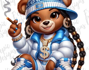 Dibujo de grafiti de osito de peluche de hip hop: rapera de azul (descarga digital PNG y JPEG)