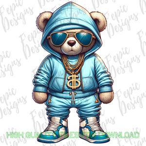 May include: A blue teddy bear wearing a blue hoodie, sunglasses, and a gold chain with a dollar sign pendant. The bear is wearing blue sneakers.