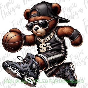 Basketbal hiphop teddybeer cartoon-digitale download png, jpeg - B-ball teddy-thema - ideaal voor T-shirts, hoodies en meer, commercieel gebruik