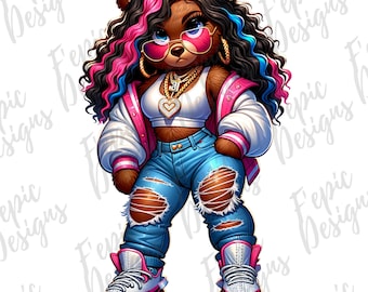 May include: A cartoon illustration of a brown bear wearing a pink and white jacket, blue jeans with rips, pink and white sneakers, and sunglasses. The bear has pink and blue hair and is wearing gold chains and a heart-shaped pendant.