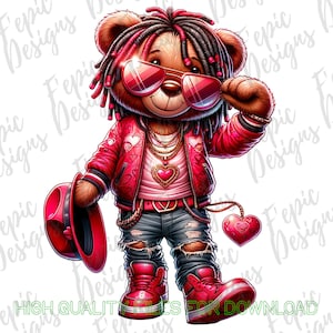 Hip Hop Valentine Teddy Bear Graffiti Cartoon - Digital Download PNG, JPEG - O G Fedora  - Ideal for T-Shirts Hoodies and More