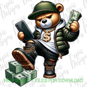 Hip Hop Teddy Bear Graffiti Cartoon - Money Bear Digital Download PNG, JPEG - Olive Puffer - Ideal for T-Shirts Hoodies and More