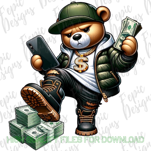 Hip Hop Teddy Bear Graffiti Cartoon - Money Bear Digital Download PNG, JPEG - Olive Puffer - Ideal for T-Shirts Hoodies and More