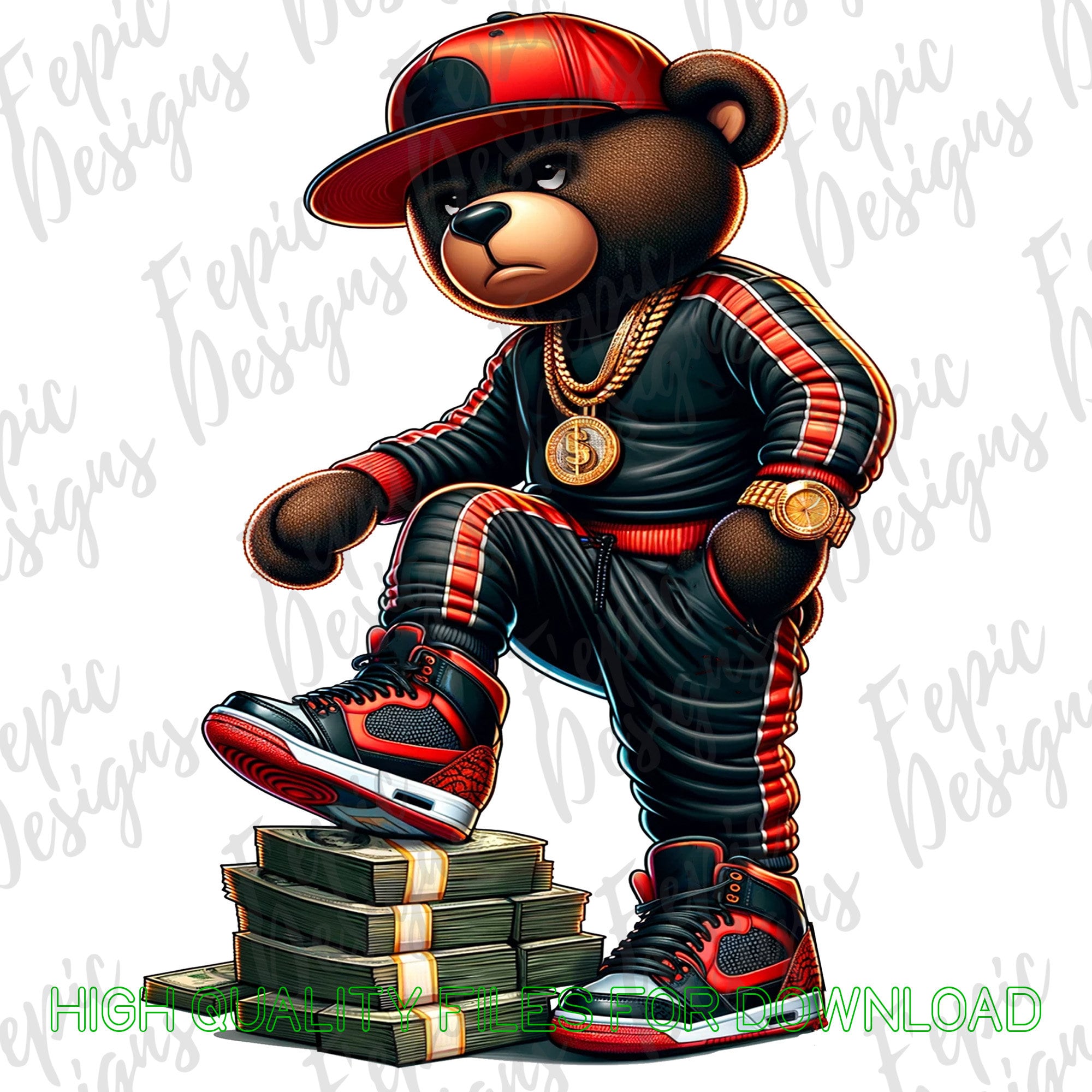 Hip Hop Teddy Bear Money Stacks Graffiti Cartoon - Digital Download PNG, JPEG - Red and Black Sublimation for Tees Hoodies and More