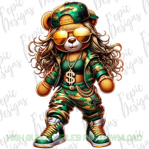 Hip Hop Girl Teddy Bear Graffiti Cartoon - Digital Download PNG, JPEG Urban Girl png -Sassy Shades Camo - Tees and More, Female Teddy