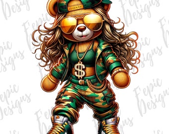 May include: A cartoon teddy bear wearing a green camouflage outfit, a gold chain with a dollar sign pendant, and sunglasses. The bear is also wearing a green camouflage baseball cap and gold sneakers.