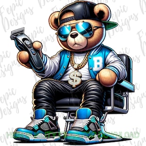 Graffiti Hip Hop Teddy Bear Barber, Trendy Teddy Bear, digital download, Sublimation best for Tees and More! Blue Barber Teddy Bear