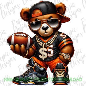 Hip Hop Football Graffiti Bear Cartoon- Digital Download PNG, JPEG - Football Bear Theme -Ideal for T-Shirts and More - Orange and Black