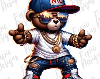 New York City Hip Hop Teddy Bear Graffiti Cartoon - Digital Download PNG, JPEG - Red, Blue, White Sublimation for Tees, Hoodies, and More