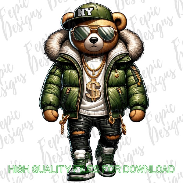 Hip Hop Teddy Bear NY Graffiti Cartoon - Digital Download PNG, JPEG - Olive Green Black Sublimation for Tees, Hoodies, and More