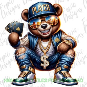 Dessin animé graffiti joueur ours en peluche - Casino chanceux ours téléchargement numérique PNG, JPEG - cartes - idéal pour les t-shirts, sweats à capuche et plus