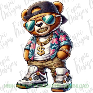 Cool Summer Hip Hop Teddy Bear, Trendy Teddy Bear, digital download, Sublimation best for Tees and More! Rapper Teddy Bear
