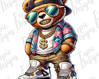 Hip Hop Teddy Bear PNG: Graffiti Rapper Design (Digital Download)